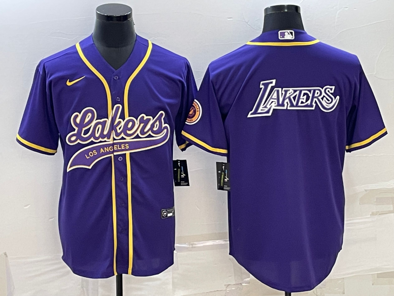 Men's Los Angeles Lakers Purple Big Logo Cool Base Stitched Baseball Jersey Men's Los Angeles Lakers Purple Big Logo Cool Base Stitched Baseball Jersey
